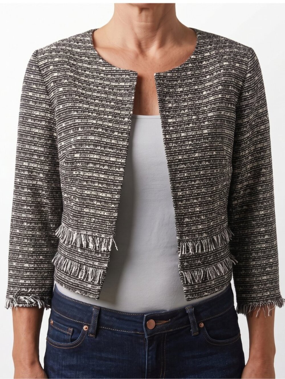 NWT Jessica Howard PETITE Tweed Fringe Blazer – Black/Ivory | FREE SHIPPING